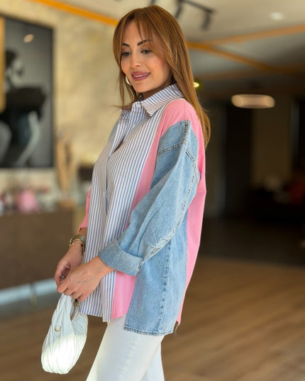 Design Jean-Trim Striped Shirt - Pink