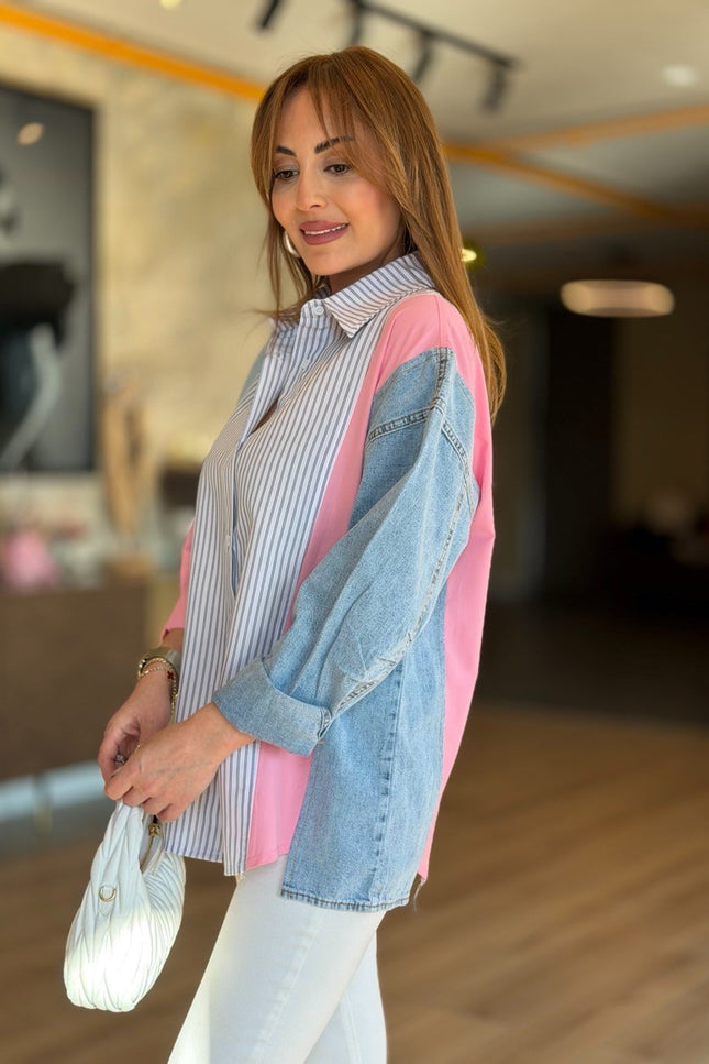 Design Jean-Trim Striped Shirt - Pink