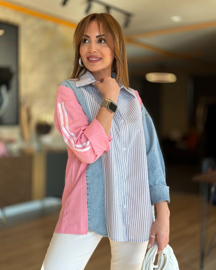 Design Jean-Trim Striped Shirt - Pink