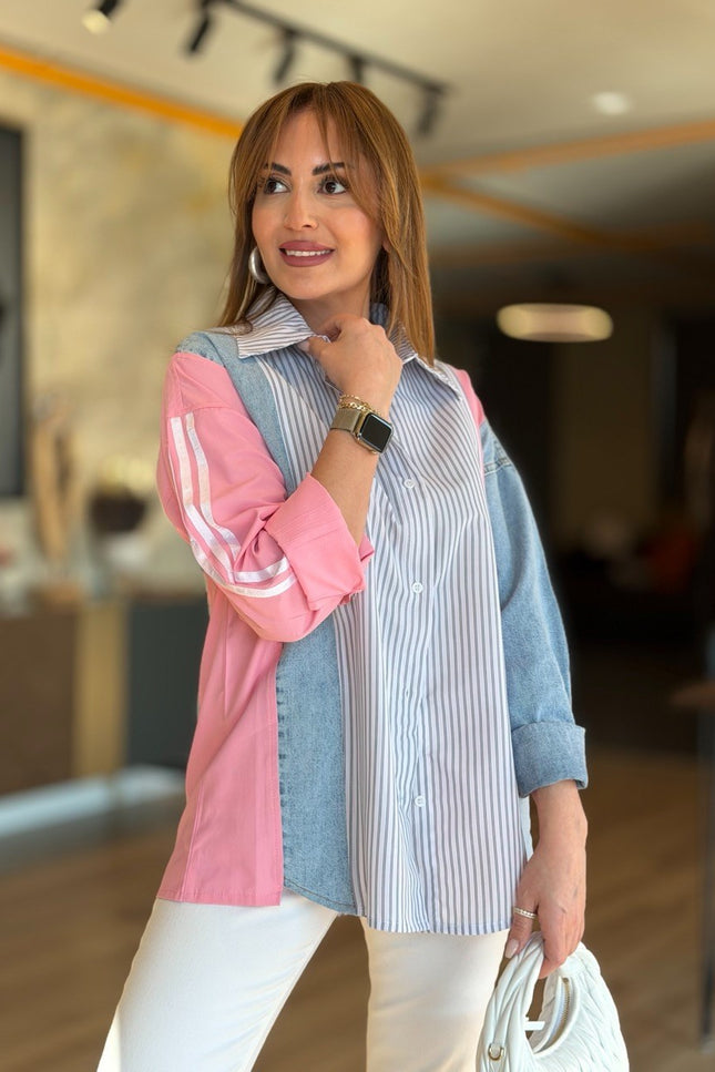 Design Jean-Trim Striped Shirt - Pink