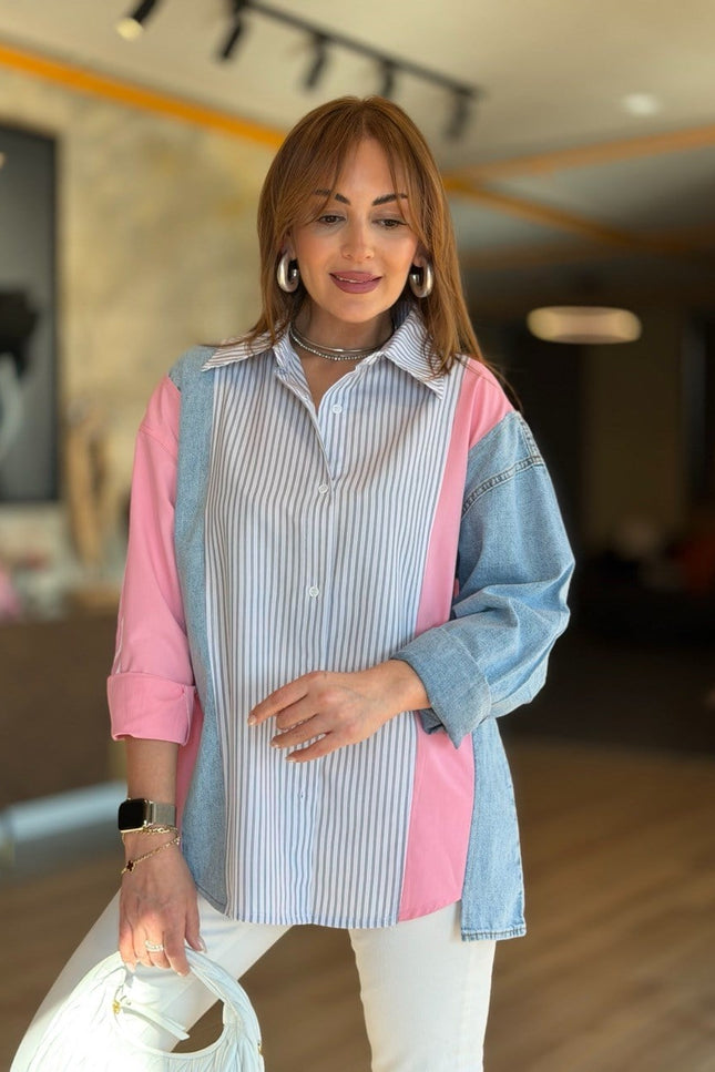 Design Jean-Trim Striped Shirt - Pink