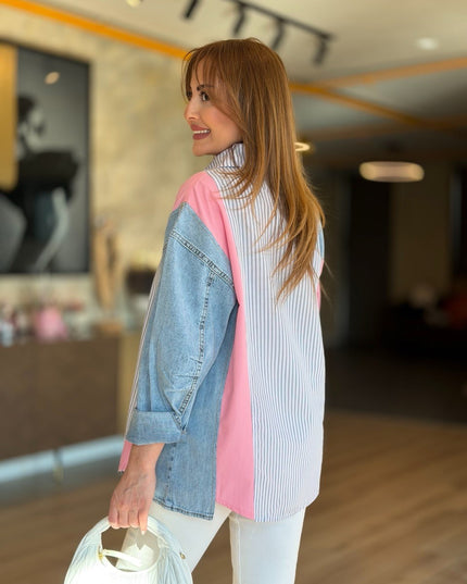 Design Jean-Trim Striped Shirt - Pink