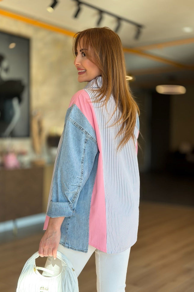 Design Jean-Trim Striped Shirt - Pink