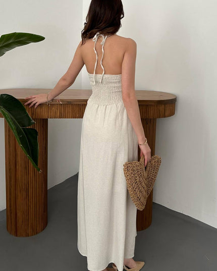 Beige Linen Dress with Back Lace