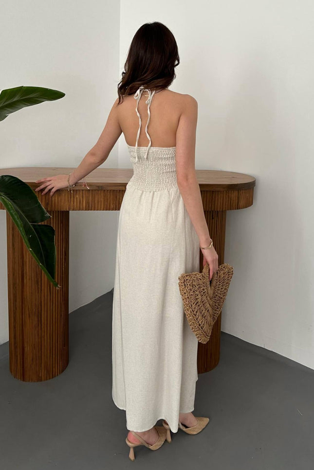 Beige Linen Dress with Back Lace