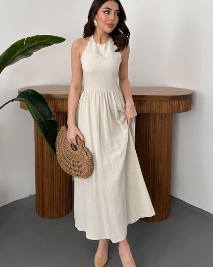 Beige Linen Dress with Back Lace