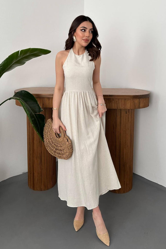 Beige Linen Dress with Back Lace