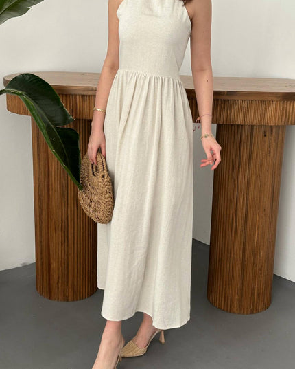 Beige Linen Dress with Back Lace