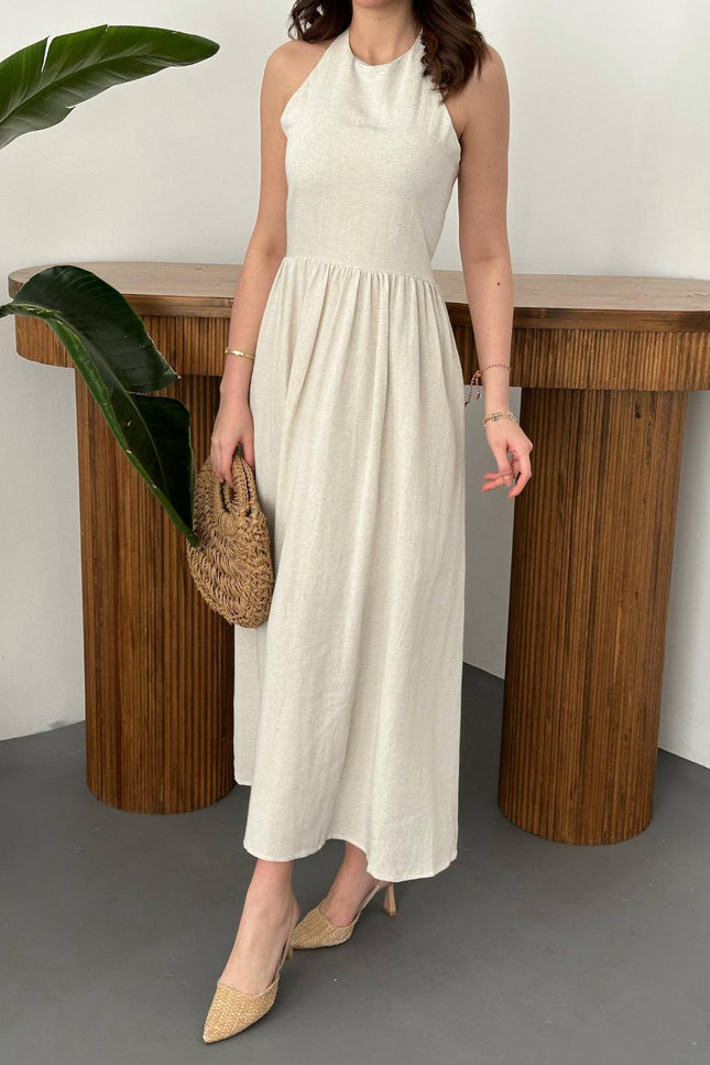 Beige Linen Dress with Back Lace