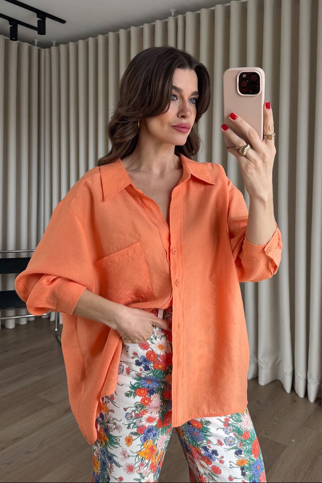 Turuncu Oversize Modal Kumaş Gömlek