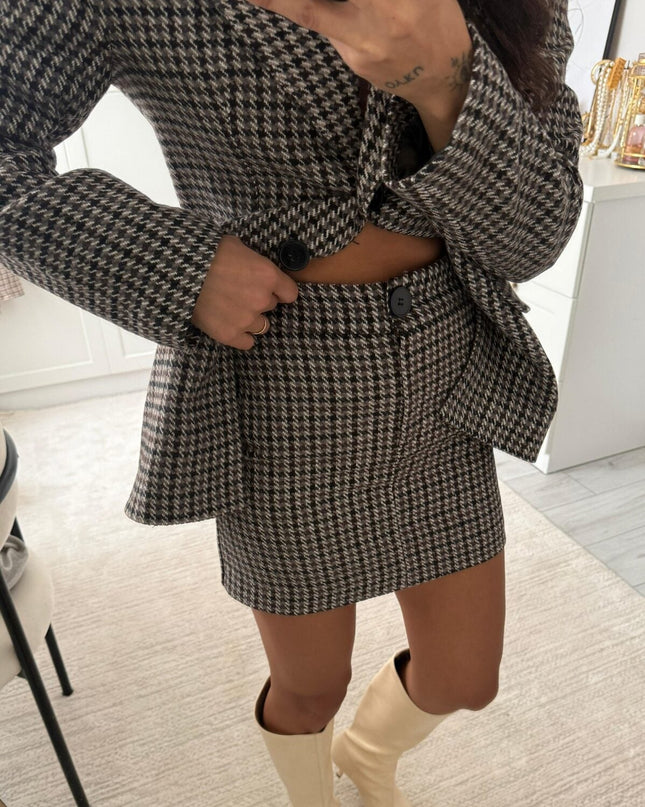 Chic Houndstooth Pattern Skirt Jacket Set Brown – Elegant Two-Piece Fashion Ensemble