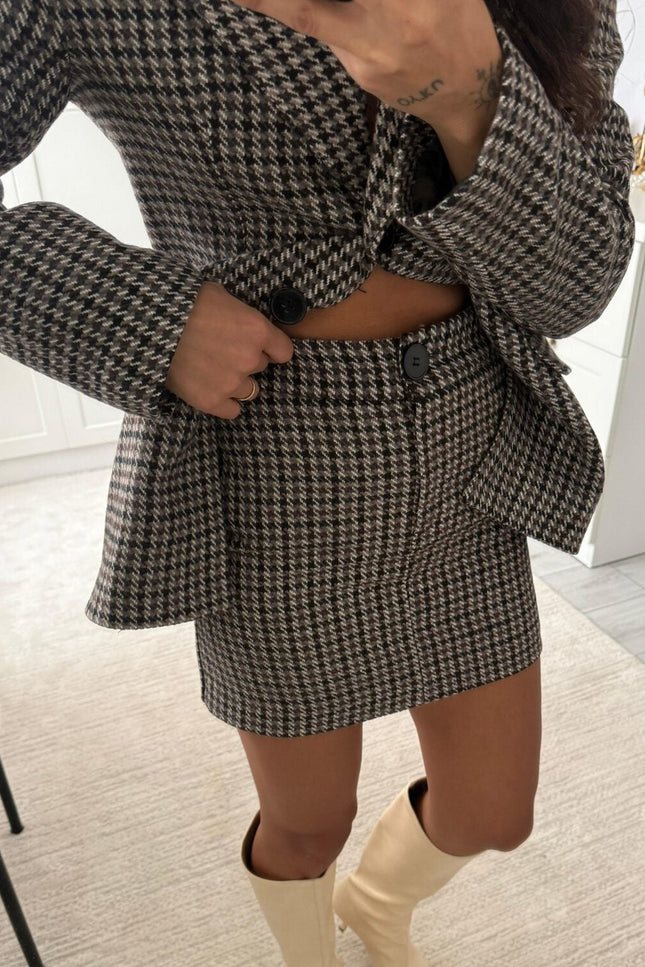 Chic Houndstooth Pattern Skirt Jacket Set Brown – Elegant Two-Piece Fashion Ensemble