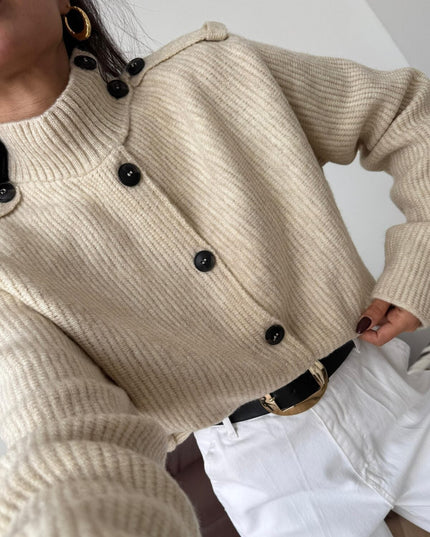 Chic Beige Button Detailed Knit Cardigan - Standard Size Cozy & Stylish