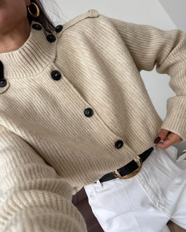 Chic Beige Button Detailed Knit Cardigan - Standard Size Cozy & Stylish
