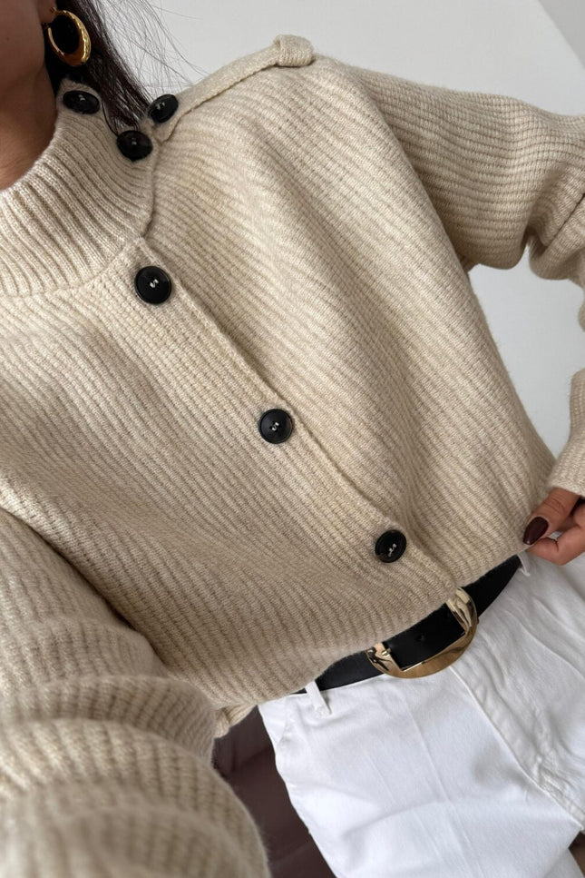 Chic Beige Button Detailed Knit Cardigan - Standard Size Cozy & Stylish