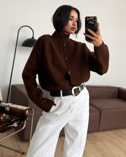 Stylish Brown Button Detailed Knit Cardigan - Cozy Women's Everyday Fashion
