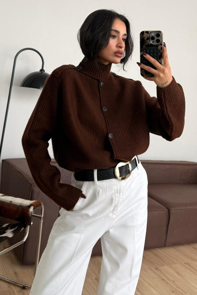 Stylish Brown Button Detailed Knit Cardigan - Cozy Women's Everyday Fashion