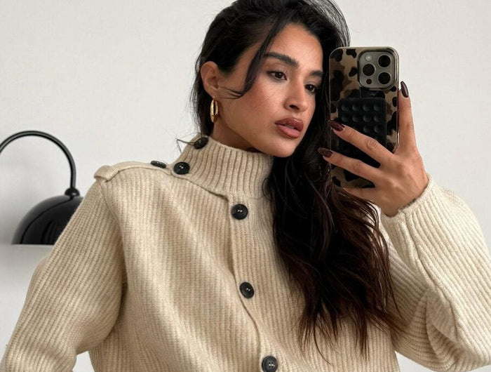 Chic Beige Button Detailed Knit Cardigan - Standard Size Cozy & Stylish