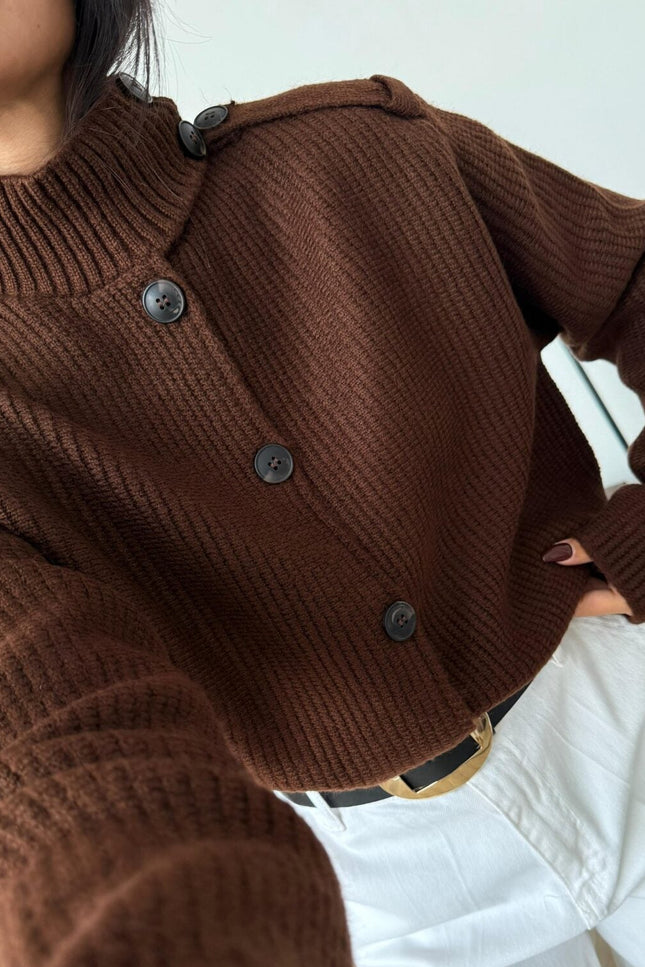 Stylish Brown Button Detailed Knit Cardigan - Cozy Women's Everyday Fashion