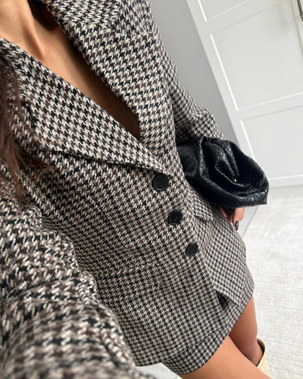 Chic Houndstooth Pattern Skirt Jacket Set Brown – Elegant Two-Piece Fashion Ensemble