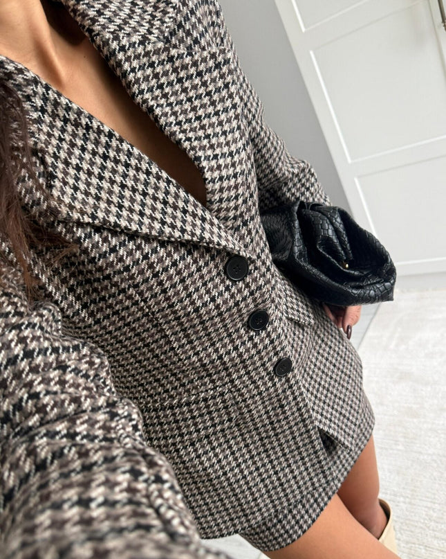 Chic Houndstooth Pattern Skirt Jacket Set Brown – Elegant Two-Piece Fashion Ensemble
