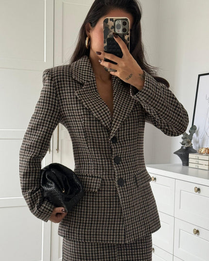 Chic Houndstooth Pattern Skirt Jacket Set Brown – Elegant Two-Piece Fashion Ensemble