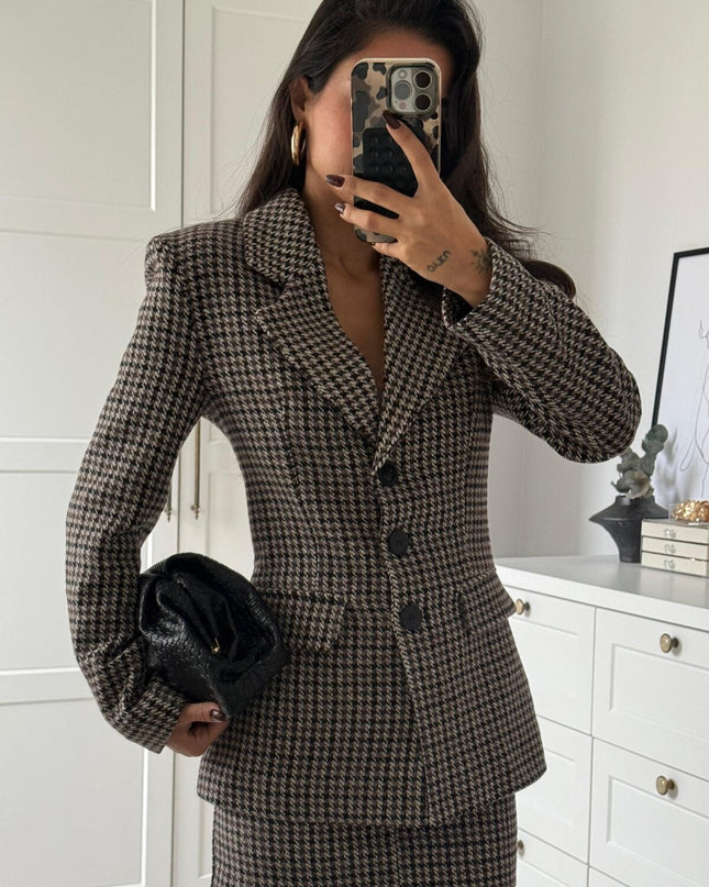 Chic Houndstooth Pattern Skirt Jacket Set Brown – Elegant Two-Piece Fashion Ensemble
