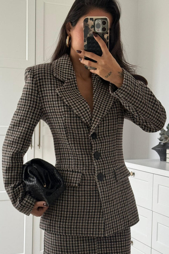 Chic Houndstooth Pattern Skirt Jacket Set Brown – Elegant Two-Piece Fashion Ensemble