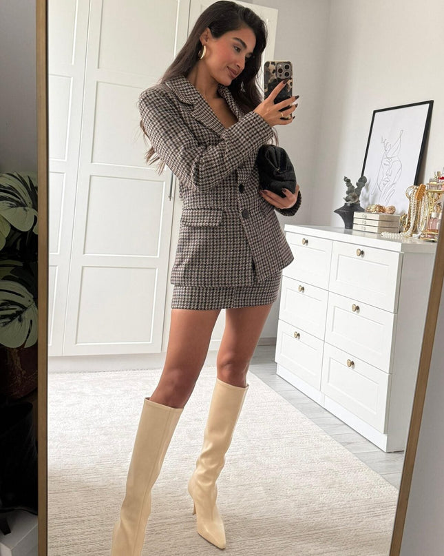 Chic Houndstooth Pattern Skirt Jacket Set Brown – Elegant Two-Piece Fashion Ensemble