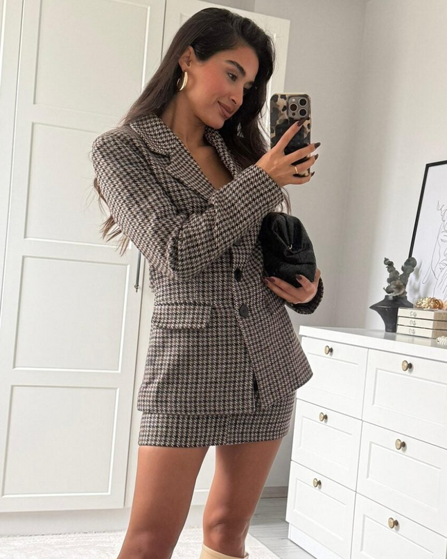 Houndstooth Patterned Skirt Jacket Set Brown