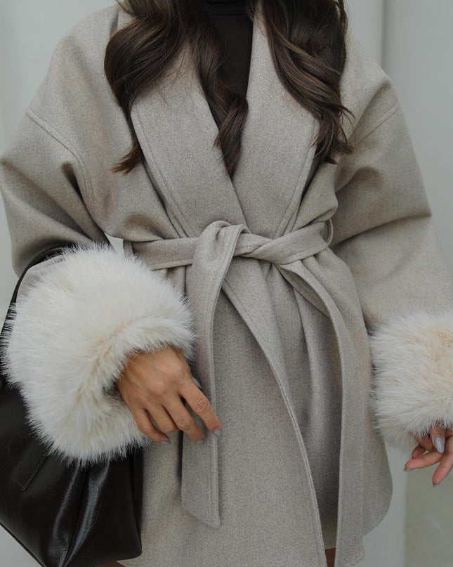 Luxurious Beige Fur-Cuffed Belted Cashmere Blend Women's Winter Coat