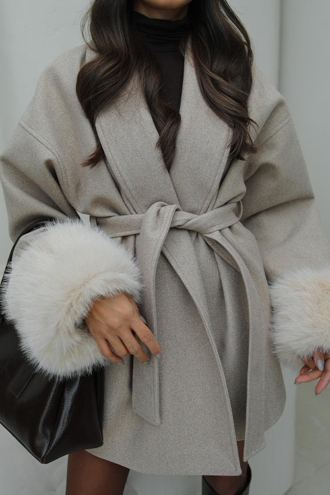 Luxurious Beige Fur-Cuffed Belted Cashmere Blend Women's Winter Coat