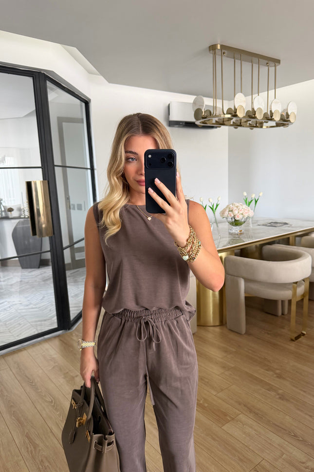 Mink Sleeveless Modal-Fabric Blouse Trousers Two-Piece Set