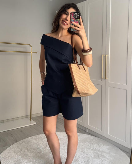 YAKA DETAYLI KETEN LACİVERT ŞORTLU TAKIM