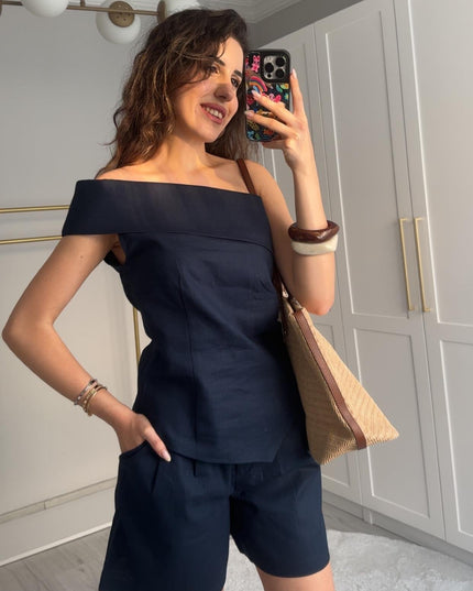 YAKA DETAYLI KETEN LACİVERT ŞORTLU TAKIM