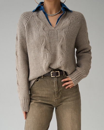 Knitted Sweater Denim Collar Detail -  Light Mink