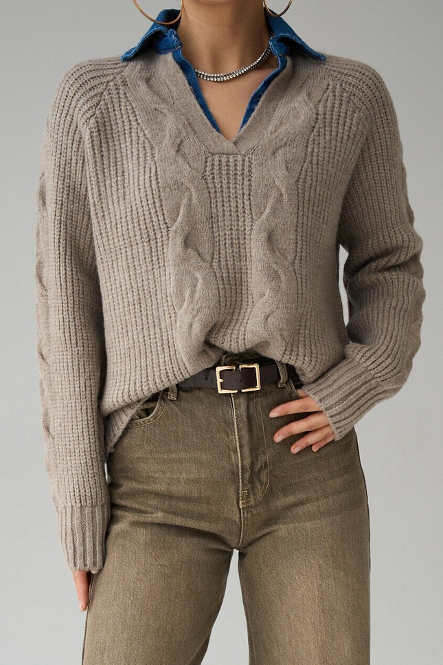 Knitted Sweater Denim Collar Detail -  Light Mink